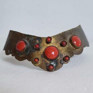 Vintage 70s Rustic TORQUE CHOKER Brass Coral Glass Necklace